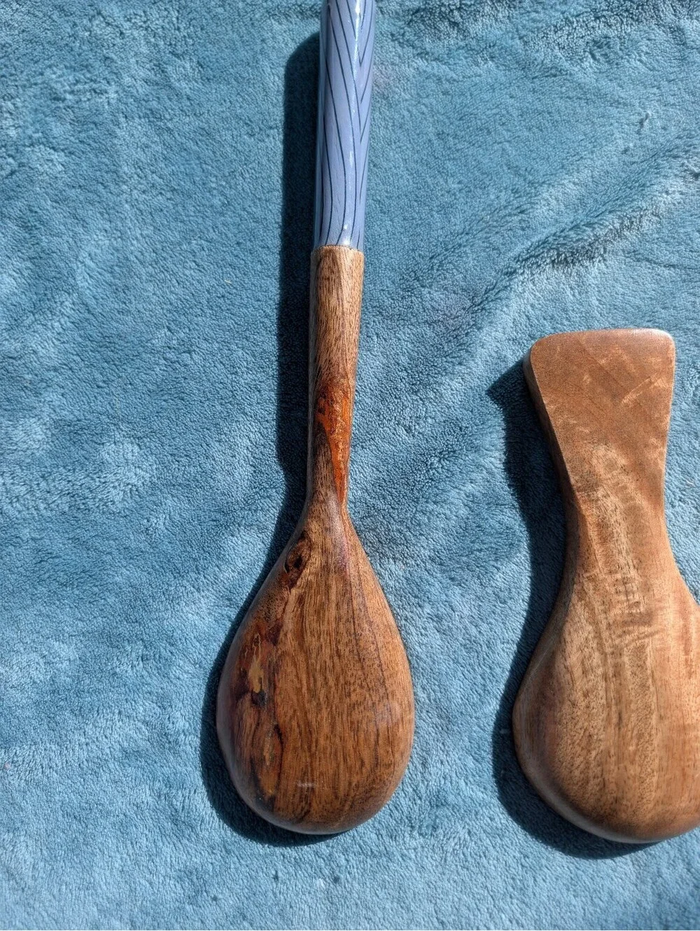 2-Piece Wooden Serving Utensil Set - Spoon & Rice Paddle with Blue Wood Grain